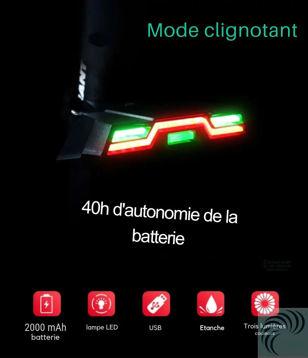 Feu arrière de vélo, 3 couleurs, rechargeable, Led LeRameauShop